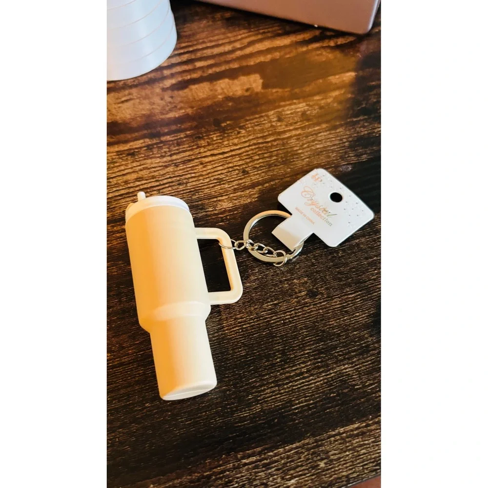 Mini Tumbler Keychain Beige Matte Cup Charm with Straw and Handle New